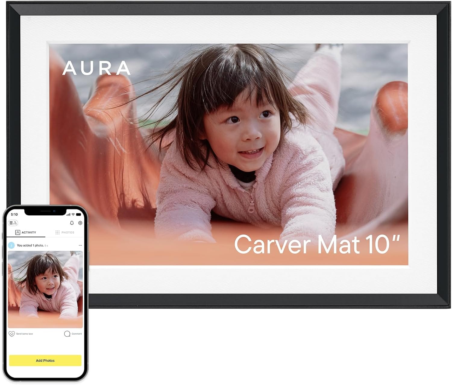 Aura Digital Picture Frame - 10.1 HD Mat Display Wirecutter's Best Digital Frame for Gifting - Send Photos Directly from Your Phone from Anywhere Quick & Easy Setup Over WiFi - Free App Black