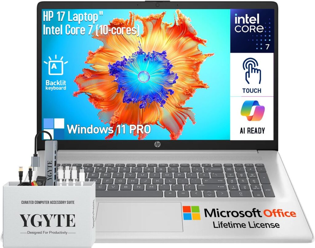 HP 17 Touchscreen Laptop – 17.3" HD+ Touch Screen, Intel Core i7, 64GB RAM, 2TB SSD, 512GB Docking Set, Windows 11 Pro, Backlit Keyboard, 10-Key Number Pad