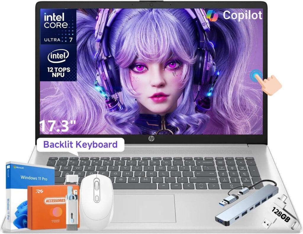 HP 2025 17.3 Touchscreen Business Laptop, Intel Ultra7 255 12-Core Processor, Copilot AI, 64 GB DDR5 RAM, 2 TB SSD, HD+ Anti-Glare Screen, Backlit KB, Secure Camera, Win 11 Pro, wAccessories