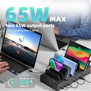 320W Charging Station for Multiple Devices, Zobirez 10-Port USB C Fast Charger Stations for MacBook, iPhone, Android Cell Phone, iPad, Tablet, Family Multi-Device Organizer Charging Dock, Black